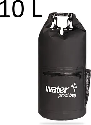 Produktbild von Drybag 10L in Schwarz, wasserdichter Seesack, Rollbeutel mit zusätzlicher Netztasche, Reissverschlusstasche und 2 Tragegurten zur Verwendung als Rucksack