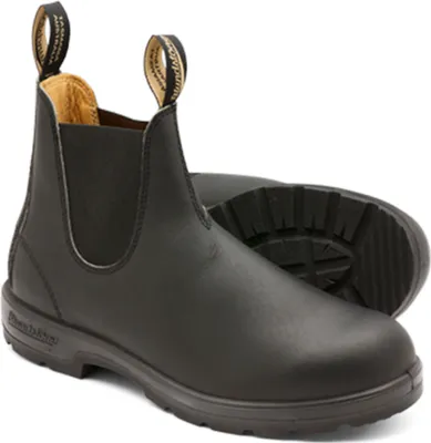 A pair of black leather Chelsea boots.