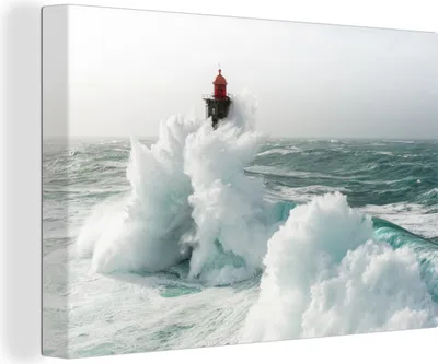 Produktbild von MuchoWow® - Leinwandbilder - Der französische Leuchtturm von La Jument im Sturm, Wandbild, Wanddeko Bilder Wohnzimmer, 120x80cm
