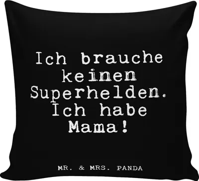 Produktbild von Mr. & Mrs. Panda Sofa Kissen Ich brauche keinen Superhelden.... - Schwarz - Geschenk, Kuschelkissen, Glizer Spruch Sprüche Weisheiten Zitate Lustig Weisheit Worte, 40x40