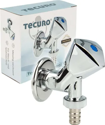 A product shot of a chrome faucet with its packaging in the background.