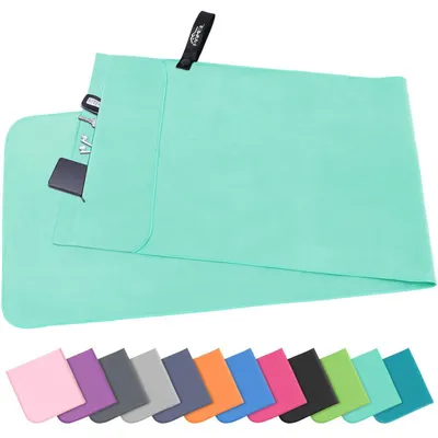 Produktbild von Fitness Handtuch Mikrofaser 120x50cm Schnelltrocknend mit Reißverschlusstasche Grasgrün