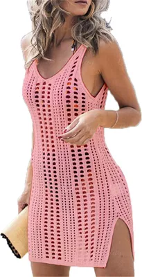 Obrázek produktu pro ASKSA Dámské pletené plážové šaty y výstřih do V Letní plážové pončo Prázdninové plavky Bikiny Cover Up, růžová, M