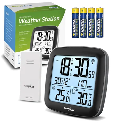 Produktbild von GreenBlue drahtlose Wetterstation mit DCF Kalender Alarm GB542 + 4x Varta Industrial AAA Alkalibatterie