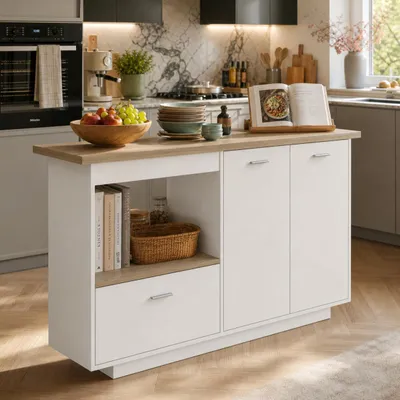 Produktbild von Kücheninsel mit Klappbarer Arbeitsplatte, Kücheninselschrank mit 1 Schubladen und 2 Türen, Buffet, Weiß und Eiche-Optik, MDF, 150 x 40/80 x 91 cm