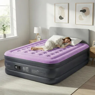 Obrázek produktu pro FCH nafukovací matrace s vestavěnou pumpou, 203 x 153 x 45 cm, nafukovací matrace s měkkým, polstrovaným povrchem, nafukovací matrace, fialová