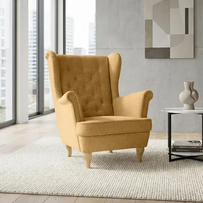 Image de Fauteuil à oreilles avec piqûres, fauteuil style Chesterfield FALCO (tissu : Raven 66 - jaune, couleur des pieds : hêtre)