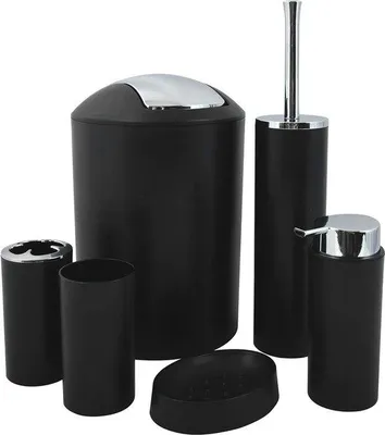 Productafbeelding van Badkameraccessoires set bestaande uit 6 delen: zeepdispenser, toiletborstel, zeepbakje, make-upbakje en tandenborstelbeker - mat zwart