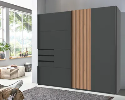 Produktbild von Kleiderschrank Coburg in Grafit mit Akustiklamellen in Artisan Eiche – Schwebetürenschrank