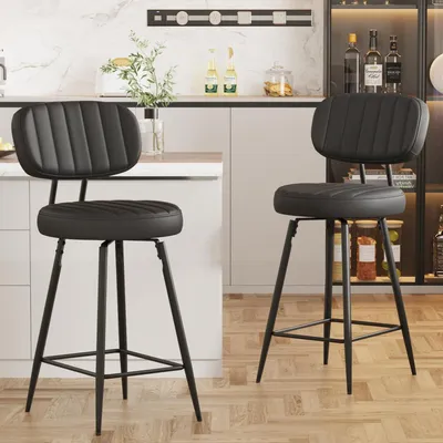 Immagine prodotto di Set di 2 sgabelli da bar, rivestiti in ecopelle, altezza seduta 66 cm, con schienale e poggiapiedi, girevoli, colore nero