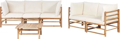 Produktbild von BELIANI Lounge Set 3-Teilig Hellbraun u. Cremeweiß Bambusholz 2-Sitzer u. 3-Sitzer Sofa mit Couchtisch 14 Kissen Garten Terrasse Outdoor Ausstattung