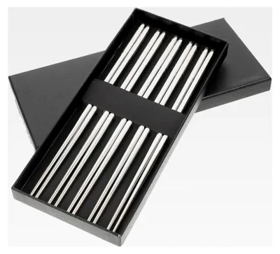 Produktbild von 5 Paar Rutschfeste Essstäbchen aus Edelstahl 304 – Leichte Metallstäbchen mit Geriffelter Oberfläche, Wiederverwendbar für Restaurant, Reisen und Asiatische Dinnerpartys