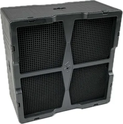 A black air filter with a grid pattern.