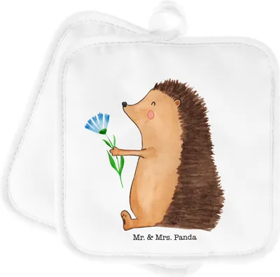 Produktbild von Mr. & Mrs. Panda Topflappen Igel Blumen - Weiß - Geschenk, Krankheit, Ofenlappen, Topflappenset, Set, Besuch, Gute Besserung, topfhalter, Lustige Sprüche, Topfuntersetzer