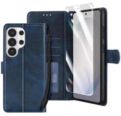 Image de Enkay, étui portefeuille pour Galaxy S26 Ultra avec verre de protection et dragonne, bleu nuit