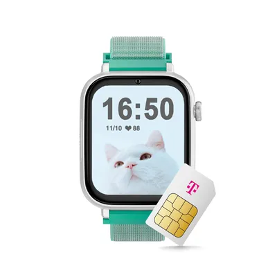 Produktbild von SaveWatch+ Kinder-Smartwatch: Mint Textilarmband & Weißes Aluminiumgehäuse mit dem Telekom Smart Connect S Tarif