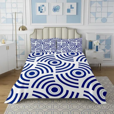 Tagesdecke abstrakte Kreise, 220x240 cm + 2 Kissenbezüge, marineblau