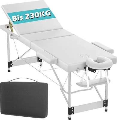 Produktbild von 3 Zonen Massageliege Klappbar Mobile Massagebett mit Griff Tragbar Alu Massagetisch Höhenverstellbar Massageliegen Kosmetikliege Tattoo Liege mit Kopfstütze Tragfähigkeit 230 KG - Weiß