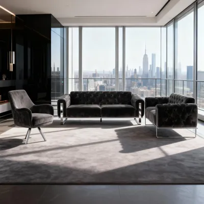 Produktbild von Sofa Set Liva 3+2+1 in Velvet-Stoff, 3-Sitzer mit Schlaffunktion I Dunkelgau-Chrom