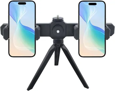 Immagine prodotto di Mini treppiede con supporto per due smartphone, 20 cm, ideale per l'uso all'aperto e in ufficio