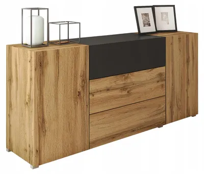 Obrázok produktu pre Komoda Berlin 150 cm čierna / dub Wotan moderná 3 zásuvky + 2 skrinky