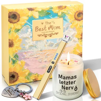 Produktbild von Geschenkset für Mama: Duftkerze Lavendel, USB-Feuerzeug, Schlüsselanhänger