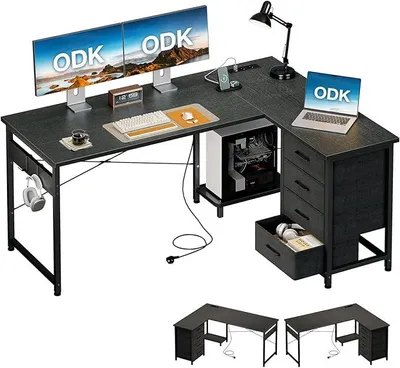 Produktbild von Eckschreibtisch mit 4 Schubladen, 135×100 cm Schreibtisch L Form mit Steckdose und USB-Ladeanschluss, Reversibler Schreibtisch mit Stauraum für Homeoffice und Gaming, Schwarz