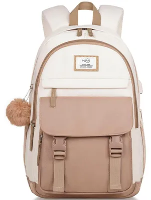 Produktbild von Schulrucksack für Teenagerinnen & Frauen, Laptop-Rucksack 15.6" Beige Khaki, USB-Ladeanschluss