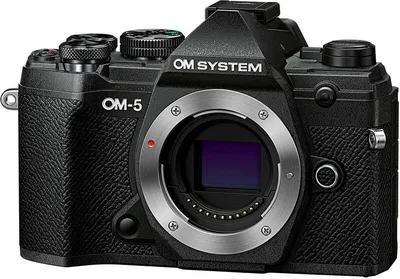 A black Olympus OM-5 camera body is shown against a white background.