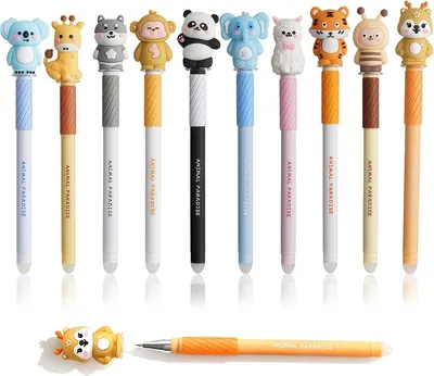 Immagine prodotto di Penna a sfera cancellabile da 0,5 mm, confezione da 10 pezzi, con motivi a tema animali, ideale per scuola e ufficio