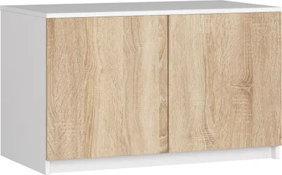 A white and wood grain cabinet with two doors.