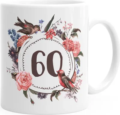 Produktbild von Geburtstags-Tasse 60 sechzig Geschenk-Tasse Kaffee-Tasse Blumen Blüten Blumenkranz MoonWorks® weiß unisize
