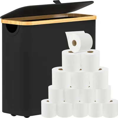 Immagine prodotto di Contenitore per rotoli di carta igienica, Contenitore per rotoli di carta igienica con coperchio, Porta rotoli di carta igienica, Organizzatore per rotoli di carta igienica in bambù, Contenitore per rotoli di carta igienica nero, Cestino portaoggetti