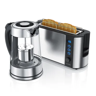 Produktbild von Arendo Frühstücks Set in Edelstahloptik Wasserkocher (mit Teesieb) & Toaster