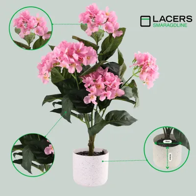 Produktbild von Lacers SMARAGDLINE künstliches Hortensien 2er Set rosa - 55cm - dekorative Kunstpflanze im Topf  - wie echt wirkende Blätter & Blüten für Ihr Zuhause