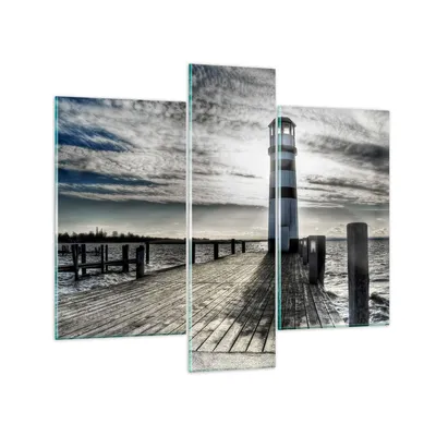 Produktbild von Bilder auf glas - See Leuchtturm Holzbrücke Wasser - 95x80cm - Glasbilder - Wandbilder - Kunstdruck - zum Aufhängen bereit - Wanddekoration aus Glas - Glas Bilder - Wandbild auf Glas - GCB95x80-0330