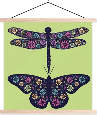 Produktbild von MuchoWow® Textilposter Eine Illustration einer Libelle und eines Schmetterlings 40x40 cm mit holzfarbenen Rahmen - Posterleiste