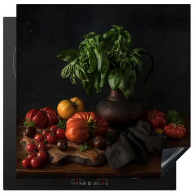 Produktbild von KitchenYeah© Herdabdeckplatte Stilleben - Tomaten - Basilikum - Gemälde - Gemüse - Schwarz , 78x78cm, Küche Deko, Glaskeramikkochfeld Herdabdeckung, Abdeckplatte fùr Kochfeld