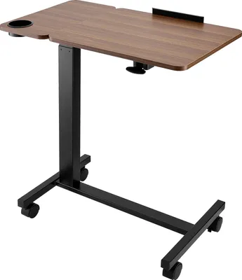 A mobile adjustable table with a wooden top and black metal frame, shown against a white background.