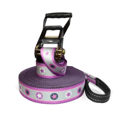 Produktbild von Slackline Set mit Halteseil, Pink Stars, 25 Meter, inklusive Tragebeutel aus Leinen