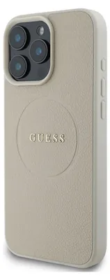 A close-up, angled view of the back of a beige iPhone case with a textured finish and a circular embossed logo.