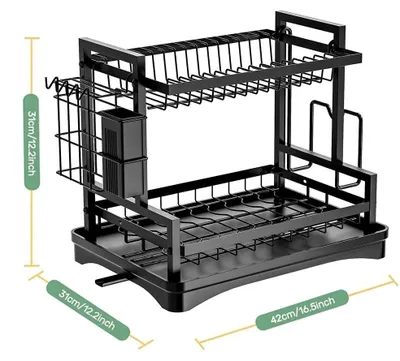 Image de Égouttoir à vaisselle - Égouttoir à 2 niveaux - Acier au carbone résistant à la rouille - Écoulement automatique avec bec pivotant à 360° - Bac d'égouttage et porte-couverts - Noir