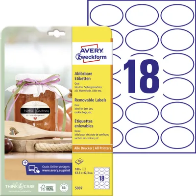 Produktbild von Avery Zweckform 5087 Ovale Etiketten, ablösbar, A4, 63,5 x 42,3 mm, 10 Bogen/180 Etiketten, weiß
