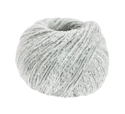 A ball of light gray yarn on a white background.