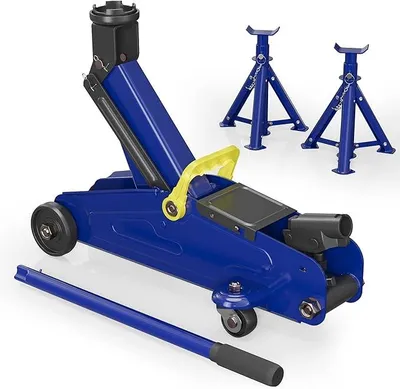 Produktbild von Set aus Wagenheber + 2 Unterstellböcke, bis 2 t Hubkraft, Hubhöhe Wagenheber 135-335 mm, Arbeitshöhe Böcke 270-365 mm, Abstellböcke klappbar