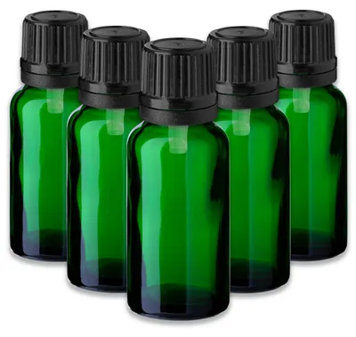 Produktbild von 5x Grüne Glasflasche 20 ml mit schwarzem Tropfer – leere Tropfflasche