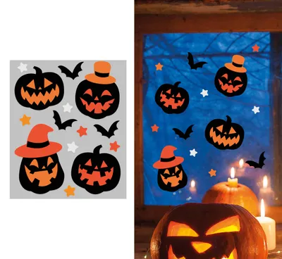 Productafbeelding van Halloween decoratie: pompoen, heksenhoed, sterren, vleermuizen, raamdecoraties, seizoensgebonden decoratie, decoratie-ideeën, griezelige feestversiering, enge sfeer, kleur: meerkleurig