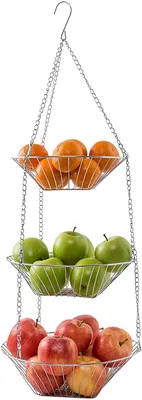 Produktbild von Hängekorb 3 Etagen, hängende Obstkörbe, 3er Etagere für die Decke, Obst, platzsparend in Küche, Stahl, silber