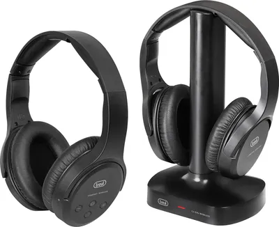Two black wireless headphones are shown. One is on a black stand, and the other is shown separately.
