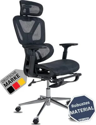 Produktbild von DELUKE® Bürostuhl Ergonomisch OLYMPO Schreibtischstuhl mit Rollen | Höhenverstellbarer Drehstuhl, Arbeitsstuhl mit Kopfstütze Fußstütze | Chefsessel, Computerstuhl 135 kg | Schwarz